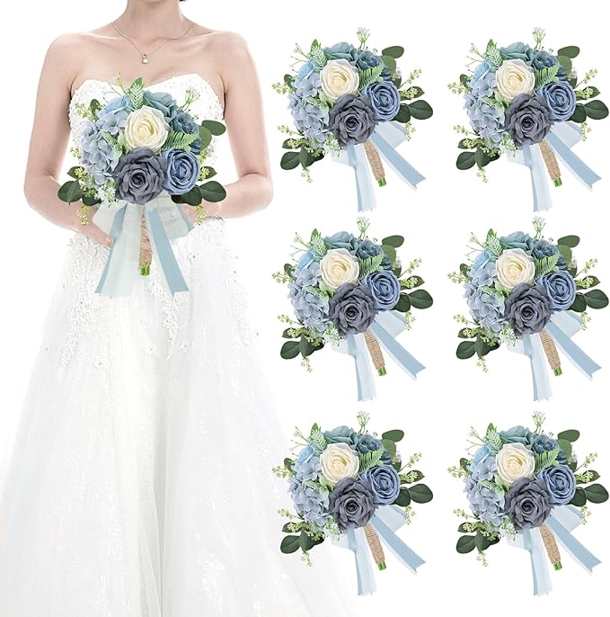 Set of 6 Bridesmaid Bouquets for Wedding - Artificial Bouquets for Bridesmaids Flowers Silk Floral Ceremony Anniversary Centerpieces Decorations - Dusty Blue and White，7 Inch