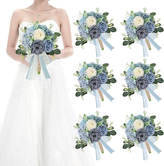 Set of 6 Bridesmaid Bouquets for Wedding - Artificial Bouquets for Bridesmaids Flowers Silk Floral Ceremony Anniversary Centerpieces Decorations - Dusty Blue and White，7 Inch