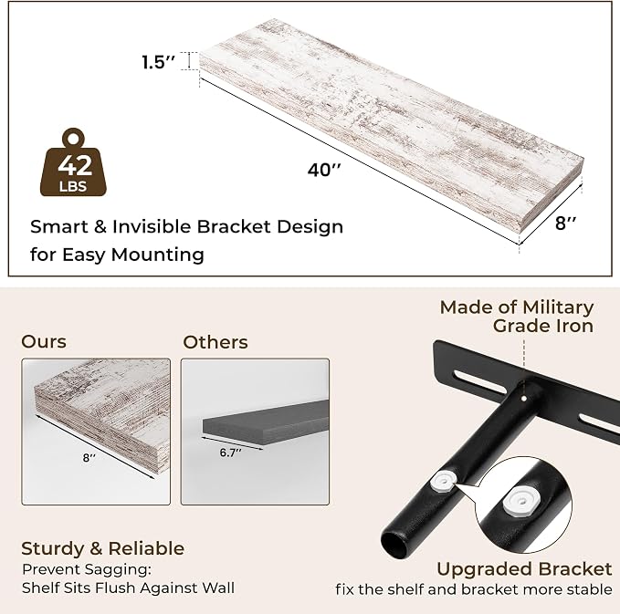 RICHFOCUS 40Inch Floating Shelves for Wall 1 Pack Shelves for Bedroom|Kitchen|Bathroom|Laundry Room Rustic Wood Wall Mounted Shelf with Invisible Brackets for Books|Storage|Decor, Rustic White