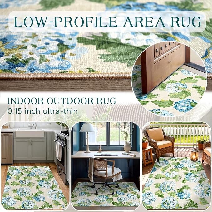 3x5 Floral Entry Rug - Small Washable Indoor Outdoor Mats for Front Door Non-Slip Porch Rug Blue Green Botanical Flower Throw Rugs for Living Room Bedroom Entryway Kitchen Office Porch Decor