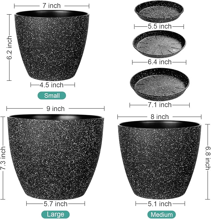 Vanavazon Plant Pots 9/8/7 Inch Set of 3 Flower Pots Indoor Outdoor Plastic Planters with Drainage Hole and Tray (Speckled Black)
