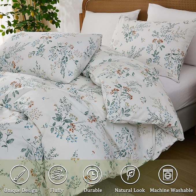 100% Cotton Duvet Cover Sets King Size Garden Chic Floral Duvet Cover with Zipper Closure Botanical Coquette Bedding Set Ultra Soft & Breathable