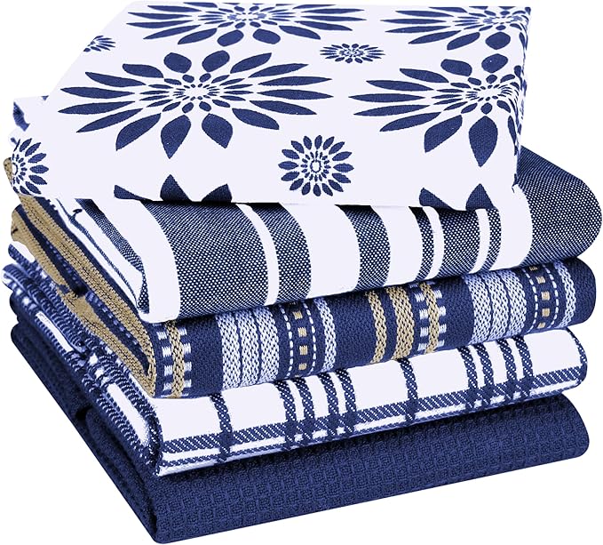 Assorted Kitchen Towels Large 16x26 inches 100% Cotton Set of 5 - Soft Absorbent Washable Tea Towel for Kitchen - Dish Cloths with Hanging Loop - Quick Drying Dish Towels Navy Blue