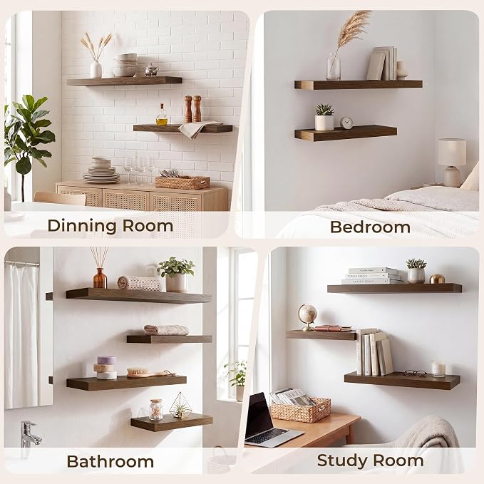 RICHFOCUS 8 Inch Floating Shelves for Wall Small Square Shelves Set for Bedroom|Kitchen|Bathroom|Laundry Room Rustic Wood Wall Mounted Shelf with Invisible Brackets for Books|Storage|Decor, Walnut
