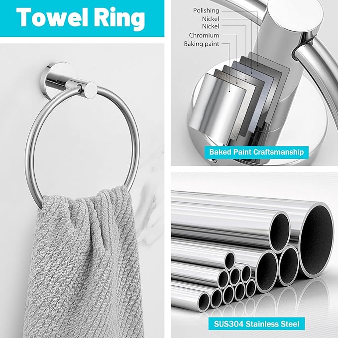 Chrome Bathroom Hardware Set, 4 Pieces Towel Bar Towel Holder Set Includes Towel Bar, Toilet Paper Holder,Towel Ring and Towel Hook Wall Mount Bathroom Accessories Towel Racks for Bathroom