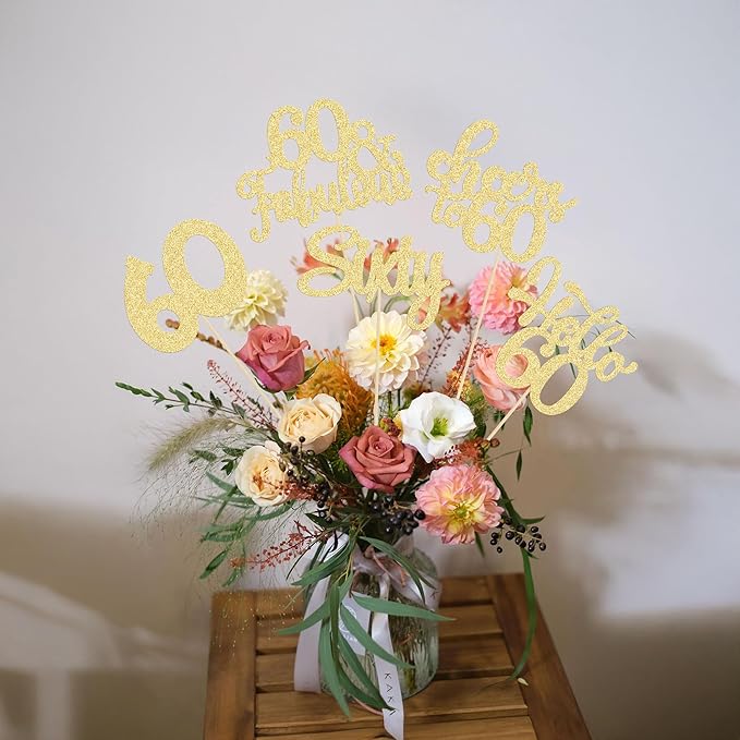 Gyufise 15Pcs 60th Birthday Centerpiece Sticks Sixty Happy 60th Table Flower Centerpieces Sticks Cheers to 60 Floral Decorations for 60th Birthday Party Centerpieces Supplies Gold