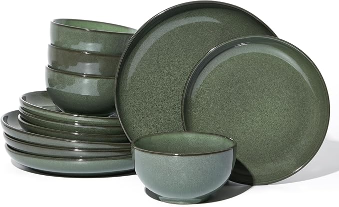 Pokini Stoneware Dinnerware Sets, Ceramic Plates and Bowls Set, Microwave & Dishwasher Safe Kitchen Dishes, Modern Dinner Salad Plates | Cereal Bowls, Dishware Sets Service for 4 Forest Green
