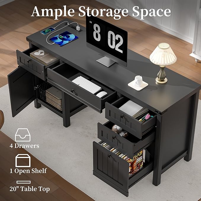 Executive Desk, Modern Farmhouse Computer Desk with Drawers & Cabinet, Home Office Desk for Work Study Writing Workspace (Black, 62")