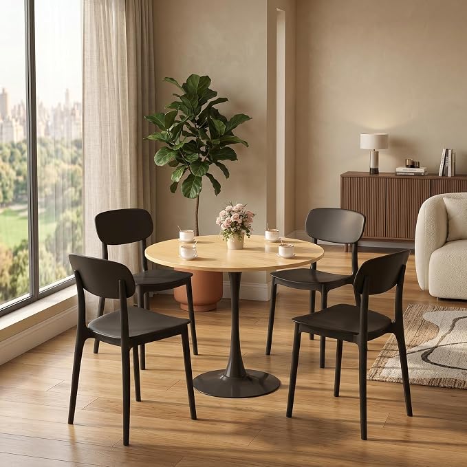 24 Inch Modern Round Dining Table, Mid Century Pedestal Kitchen Table for Small Spaces, Natural Wood Top Coffee Table with Stable Metal Base for Apartment, Living Room, Office, Studio