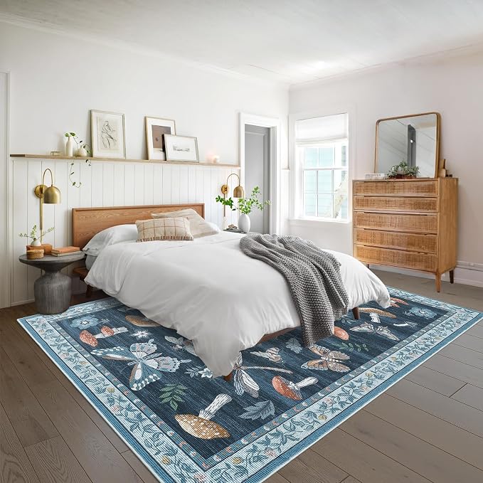 Washable 9x12 Area Rugs Living Room Large Rug Boho Vintage Floral Carpet Soft Bedroom Indoor Floor Mats Non-Slip Farmhouse Rustic Style Carpet for Nursery Dining Room Home Decor Office, Blue