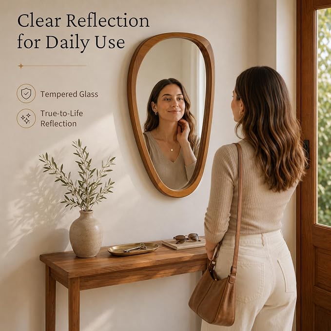 Solid Wood 30"x20" Irregular Asymmetrical Mirror, Japandi Boho Organic Shaped Decorative Accent Mirror, Small Natural Honey Walnut Wooden Wall-Mounted Mirror, Warm Walnut