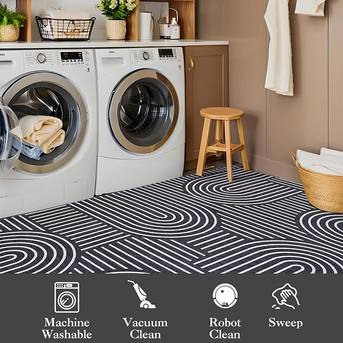 Washable 4x6 Modern Black Small Area Rug for Living Room Modern Geometric Lines Accent Rug Non Slip Office Small Carpet Thin Foldable Boho Rainbow Indoor Floor Mat for Bedroom Kitchen, Black