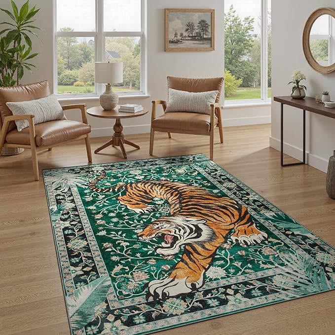 DCX Washable 3x5 Tiger Rug, Green Vintage Animal Rug for Entryway, Soft Low Pile Carpet, Kid & Pet Friendly with Rubber Back Non Slip, Stain Resistant Rug for Bedroom, Laundry, Bathroom
