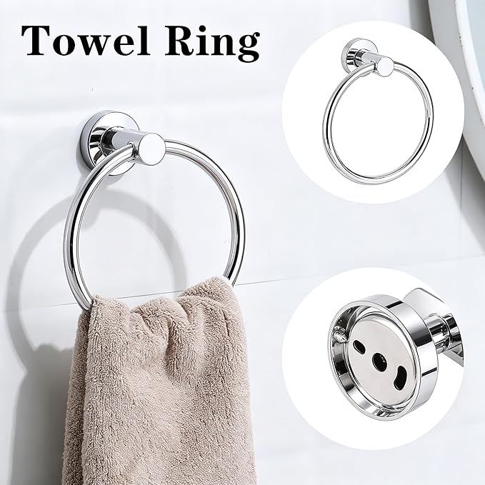 Polished Chrome Bathroom Hardware Accessories Set 5 Piece, Stainless Steel Bath Towel Bar Set 24 Inch,Toilet Paper Holder,Towel Ring Holder,Towel Rack Set,Gold Bathroom Accessories Kit Silver