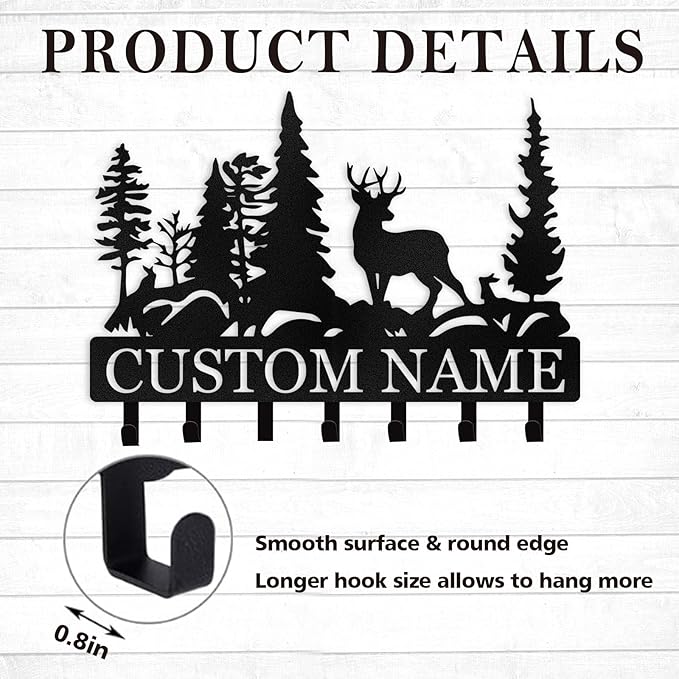 Custom Forest Deer Coat Rack Key Organizer, Personalized Metal Key Mount for Wall, Kitchen, Hallway or Doorway, Home Decor Gift