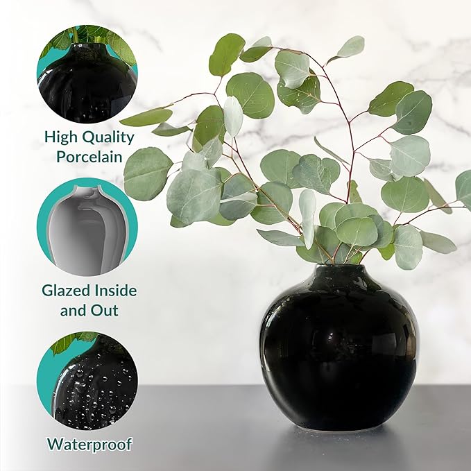 Willowy 7.5 Inch Large Black Ceramic Vase with Glossy Finish - Black Vases for Centerpieces, Vases for Home Decor, Round Gothic Vase for Flowers