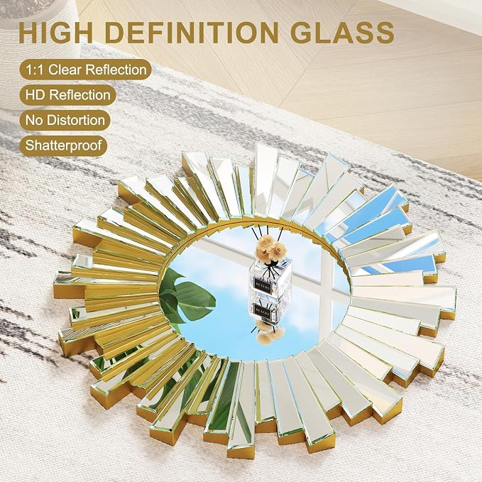 CozyDH Large Round Gold Sunburst Mirror - 26"x26" Starburst Mirror for Wall Decorative Glass Frame Boho Sun Mirrors Wall Art for Entryway Bedroom Living Room Hallway Bathroom Dining Room