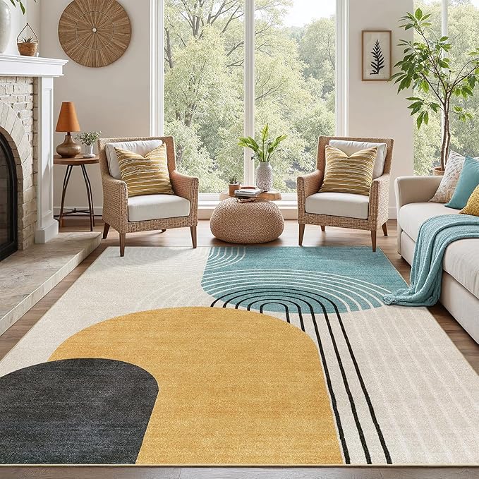 DCX Abstract Machine Washable 5x7 Rug, Mid Century Modern Rug for Living Room, Soft Low Pile Non Slip Carpet, Kid & Pet Friendly Stain Resistant Rug for Bedroom Dining Room Office, Blue & Yellow