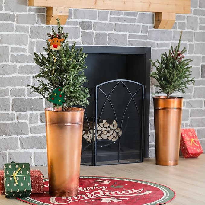 28in Tall Copper Planters Set of 2,Galvanized Steel Tall Outdoor Planter for Indoor/porches- Copper Color(2planters,2inner pots with Holes,2trays)