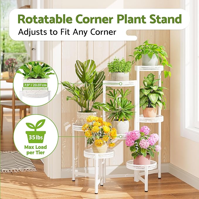 7 Tier Plant Stand Indoor Outdoor, Corner Tiered Plant Stands, Planter Display Rack for Multiple Plants, Wrought Iron Flower Stand, Folding Tall Plant Rack Shelf for House Patio Garden - WhiteWave