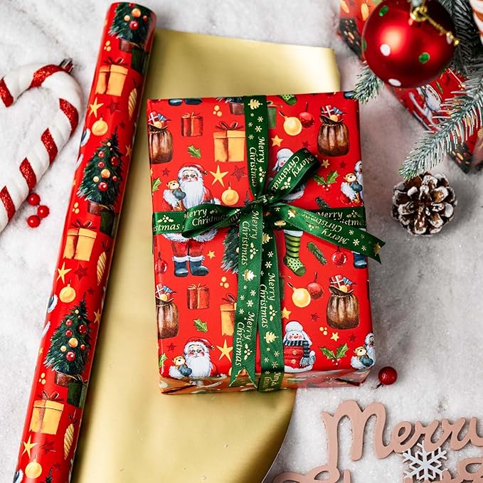 MAYPLUSS Christmas Wrapping Paper Roll - 17IN X 33FT - Red Gift Wrapping Paper Featuring Santa Claus Christmas Tree Snowman Reversible Gold for Kids, Holiday, New Year