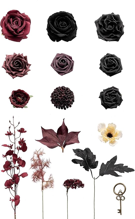 Ling's moment Fake Flowers Box, Faux Artificial Greenery Stems Foam Roses Dahlia Silk Maple Leaf Fabic Flower for Centerpieces Bouquet Wedding Vase Floral Decorations, Burgundy & Black, Mini Combo