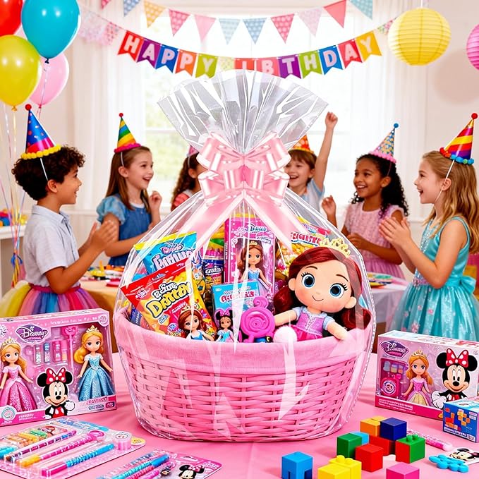 PigPotParty 30"x40" Clear Cellophane Gift Bags - Includes Bows – 10 Pack Large Cellophane Wrap for Gift Baskets, Plastic Gifts Bags for Gift Giving