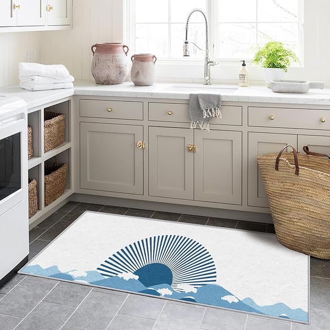 Boho Sunshine Runner Rug 4x9, Japanese Landscape Design, Modern Coastal Area Rug, Washable Non-Slip Floor Carpet Runner for Bedroom, Dining Room, Living Room Aisle