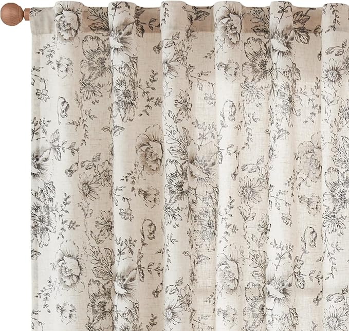 jinchan Linen Blend Curtain Floral Curtains for Living Room 90 Inch Length Black Printed Curtain Rod Pocket Back Tab Farmhouse Peony Flower Patterned Drapes Bedroom Window Curtains Set 2 Panels