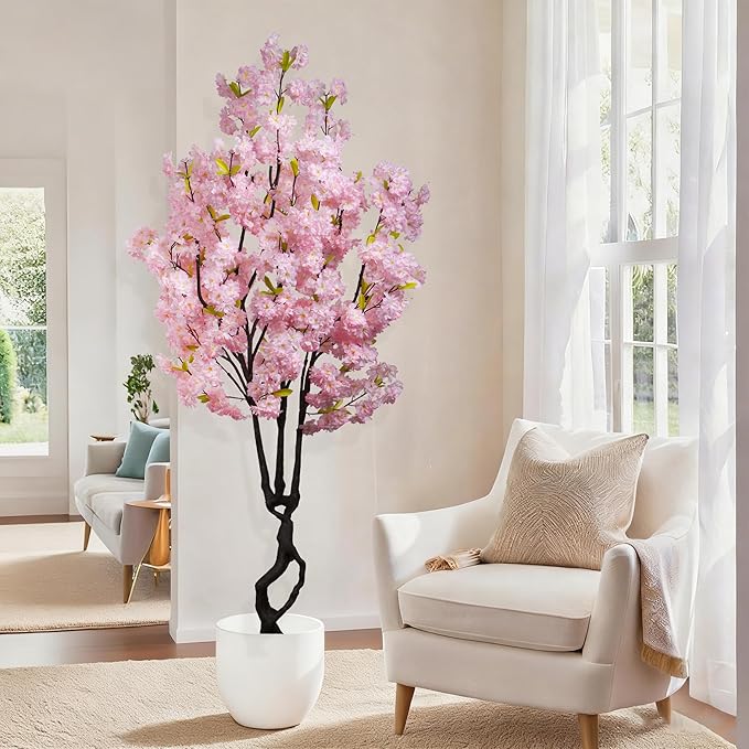 6.56ft Tall Pink Artificial Cherry Blossom Trees, Realistic Flower with Sturdy Plastic Pot, Fake Cherry Blossom Tree for Home Office Indoor Outdoor Party Wedding Christmas Decor