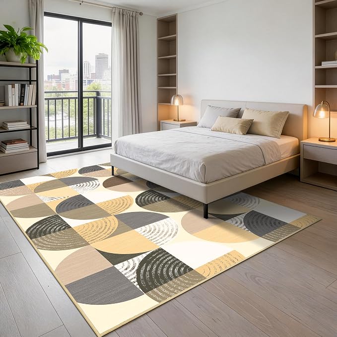 Merelax 5x8 Geometric Rug for Livingroom Bedroom - Washable Non-Slip Abstract Multi-Color Area Rug, Indoor Floor Carpet Low Pile Soft Rug for Dining Room, Mudroom, Modern Aesthetic Decor, Light Tan