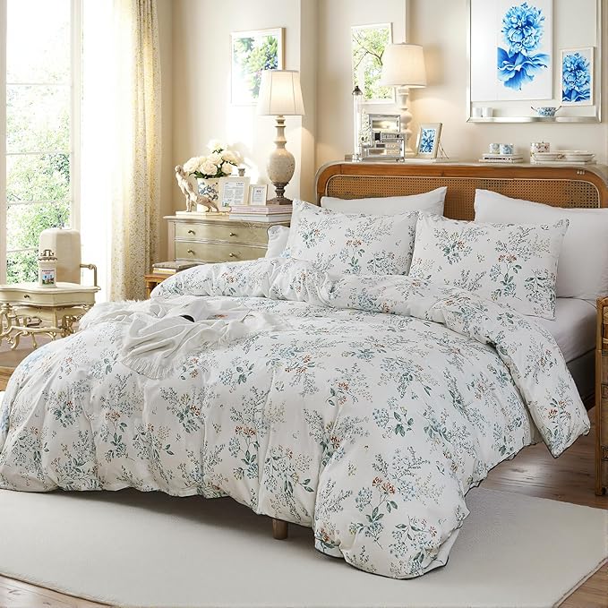 100% Cotton Duvet Cover Sets King Size Garden Chic Floral Duvet Cover with Zipper Closure Botanical Coquette Bedding Set Ultra Soft & Breathable
