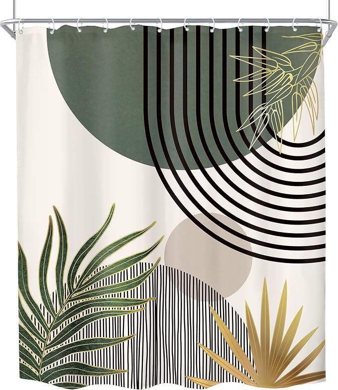 KOMLLEX Mid Century Dark Green Boho Shower Curtain 60Wx72L Inches Abstract Modern Shower Curtains for Bathroom Gold Plant Botanical Minimalist Arch Sun Fabric Liner Waterproof Polyester 12 Pack Hooks