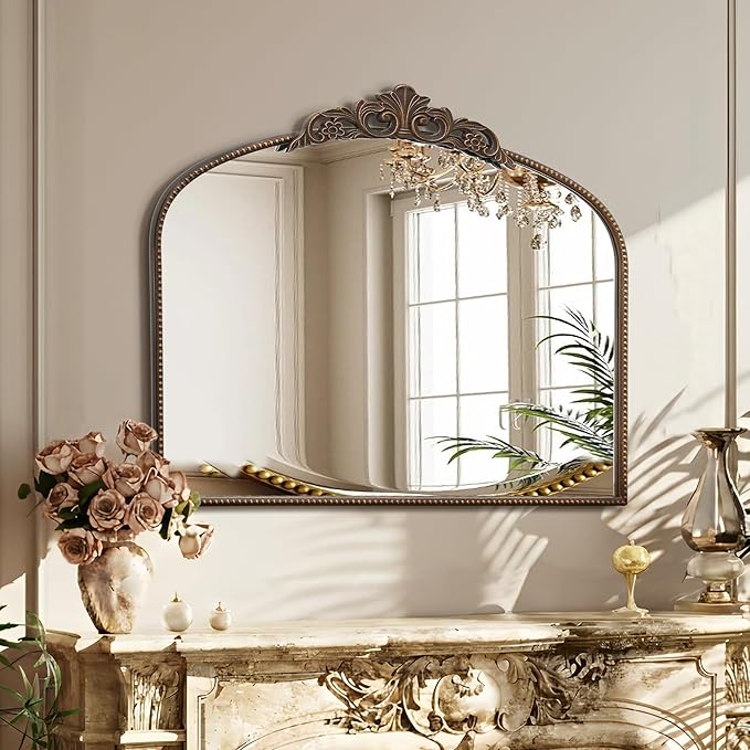 Micasso Bronze Vintage Arched Mirror: 36"x29" French Baroque Antique Wall Mounted Mirror - Traditional Ornate Decorative for Mantle/Fireplace/Living Room/Bedroom/Entryway/Hallway/Wall Decor
