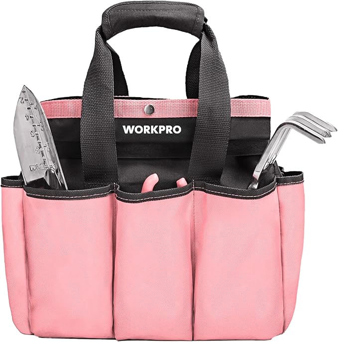 WORKPRO Garden Bag, Garden Tool Tote Storage Bag with 8 Pockets, Home Organizer for Outdoor Gardening Caddy, Garden Tool Kit Holder (Tools NOT Included), Garden Gifts, Pink Ribbon
