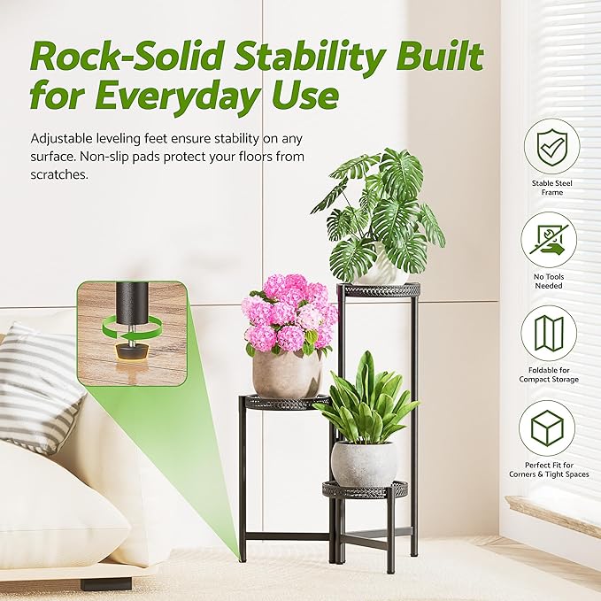 Plant Stand Indoor Outdoor, 3 Tier Corner Metal Flower Display Holder Shelf, Folding Tall Plant Rack for House Patio Balcony Porch Living Room, Heavy Duty Anti-Rust Wrought Iron - BlackS