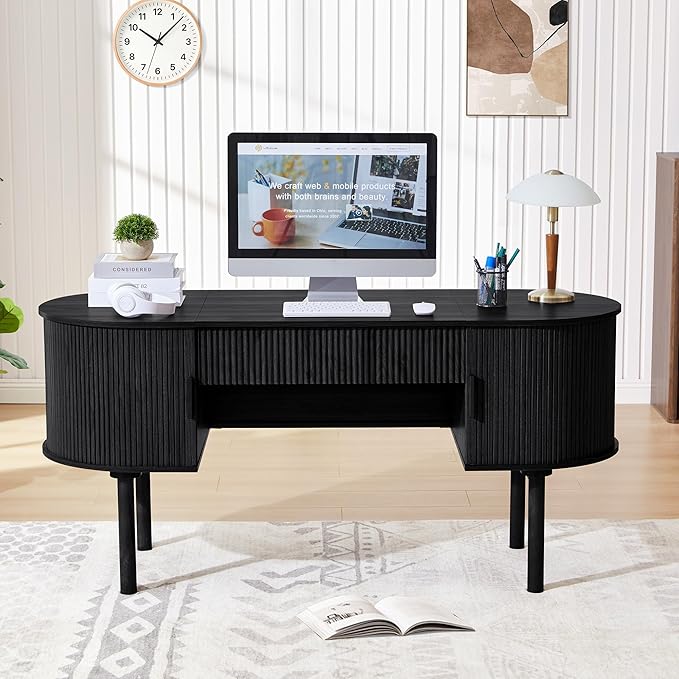 Home Office Oval Desk with Sliding Tambour Door and Drawer, Modern Fluted Wood Executive Computer Storage Desk for Study, Living Room, Bedroom, Office - Black