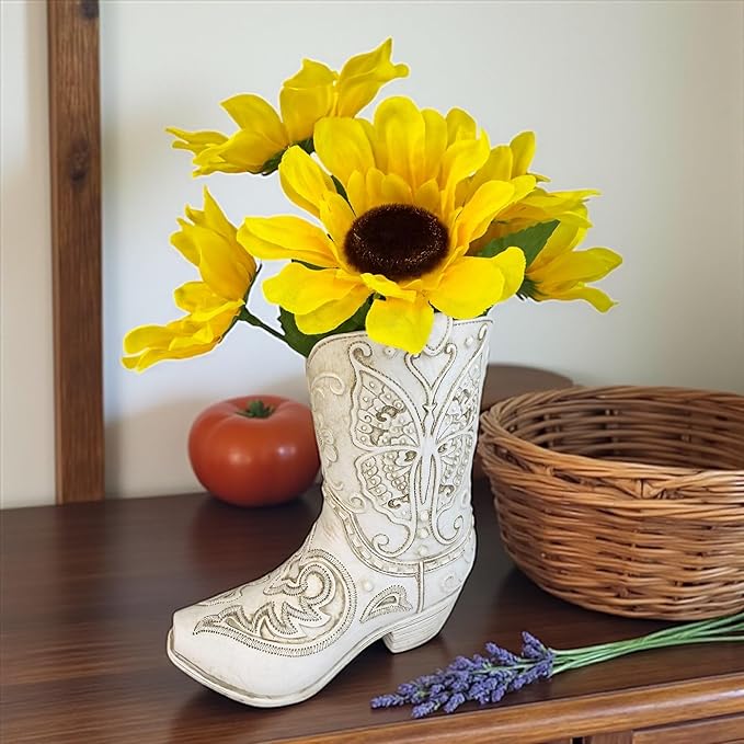 Top Brass Butterfly Boot Vase – Resin Cowboy/Cowgirl Boot Decor - Antique White Finish, Tooled Leather Look, Protective Pads, Modern Rustic Western Flower Holder, 7” Tall