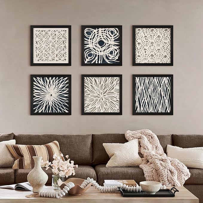 FOLKOR Geometric Wall Art Black and White for Modern Living Room Bedroom, 12" Rice Paper Framed Shadow Box Artwork, 3D Texture Floating Wall Hanging Sculpture for Kitchen Bathroom Apartment Dorm