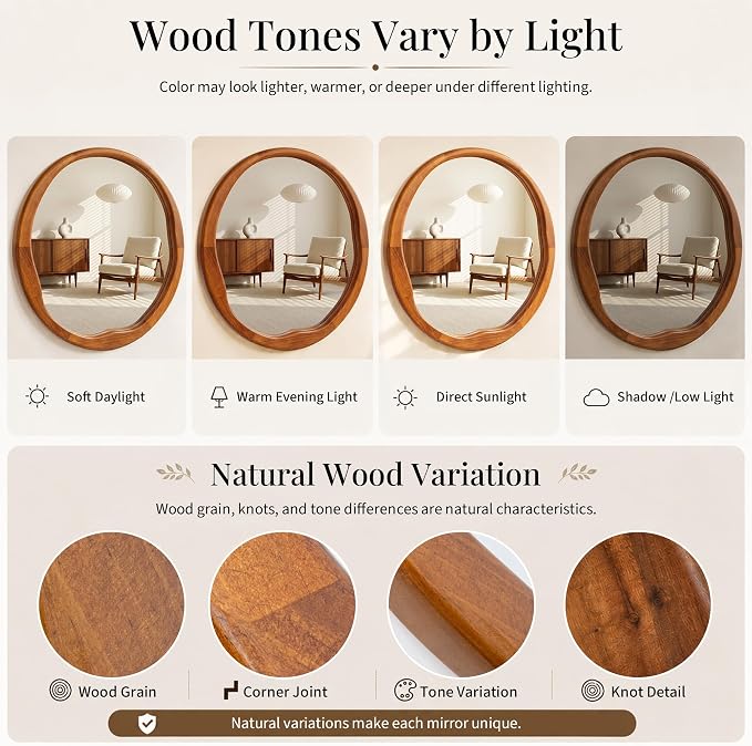 Walnut Round Mirror 24 Inch, Solid Wood Framed Bathroom Vanity Mirror with Wavy Inner Edge, Retro Mid-Century Wall Decor for Bedroom & Entryway