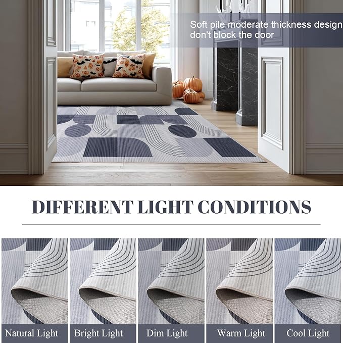Large Machine Washable 6x9 Area Rug, Soft Modern Geometric Abstract Grey Rugs for Bedroom Living Room, Non-Shedding Faux Wool Indoor Throw Floor Carpet for Office Entryway Dining Room Decor