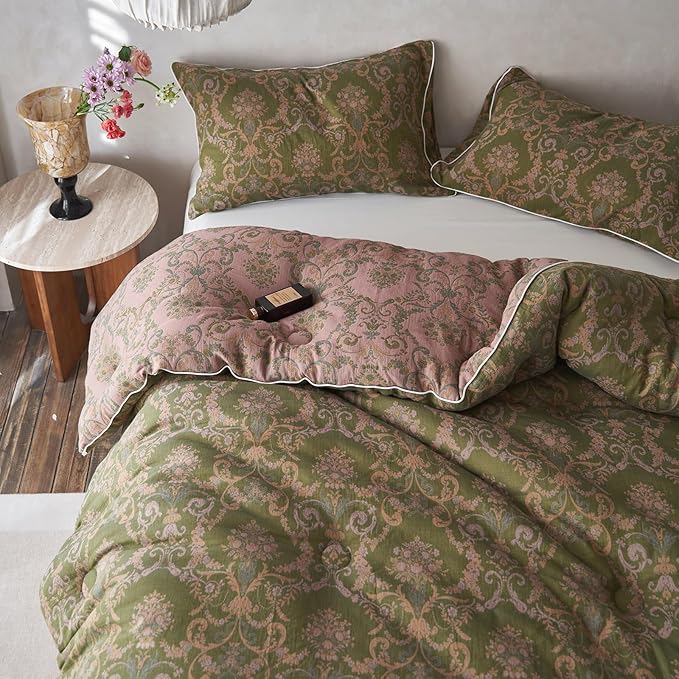 HighBuy Queen Comforter Set Muslin Cotton Bedding Set Paisley Floral Print Comforter Luxury Breathable Boho Comforter Sets Green,1 Lightweight Comforter (90"x90") and 2 Pillowcases (20"x26")