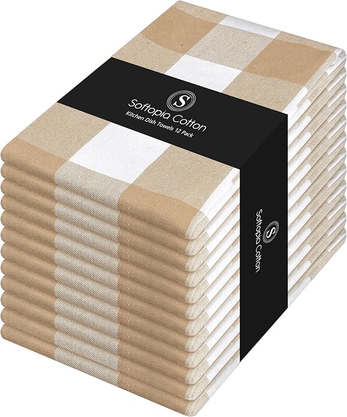 Buffalo Check 12 Pack Kitchen Towels, 16x26 Inches, Classic Farmhouse Plaid Dish Towel, 100% Cotton, Absorbent, Washable for Drying Dishes, Cleaning, Everyday Kitchen Use, Beige White