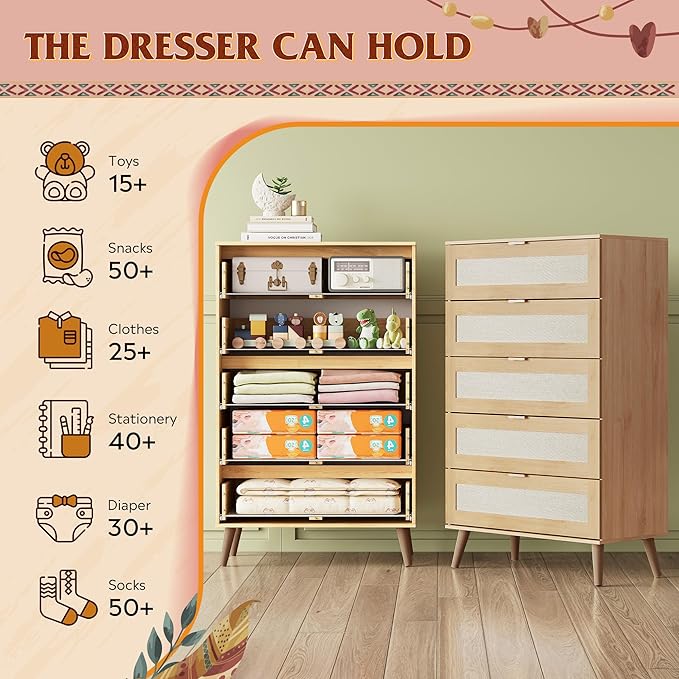 WLIVE Rattan Dresser for Bedroom, 50" Tall 5 Drawer Wooden Chest of Drawers, Boho Dresser Closet Storage Organizer for Living Room, Hallway, Light Oak