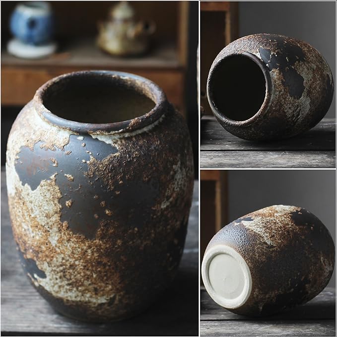 Denique Rustic Vase for Home Decor, Farmhouse Terracotta Vases, Large Ceramic Vase for Living Room Decor, Black Pottery Vase Large Clay Vase, Rustic Farmhouse Tabletop Decor(B-22cm)