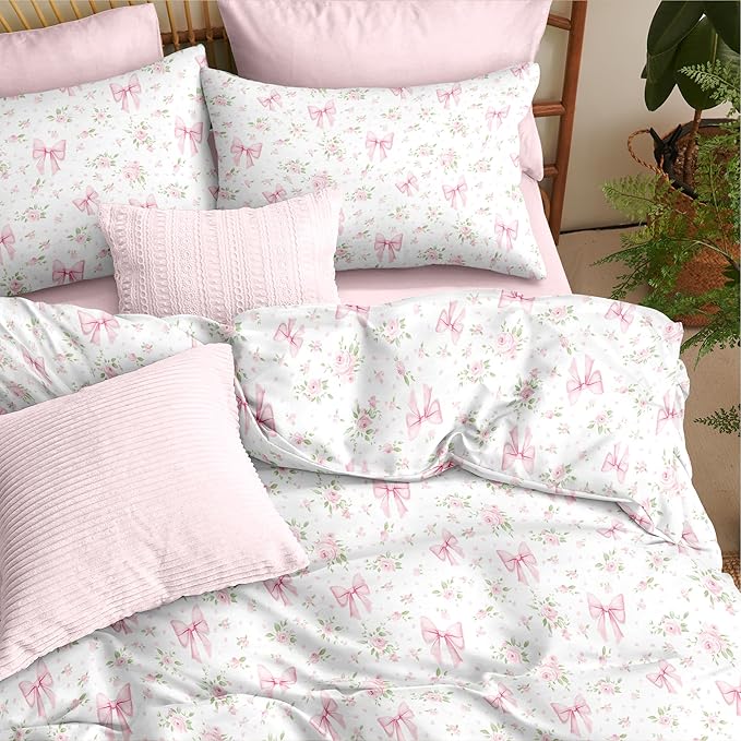 Nayoroom Pink Bow Duvet Cover Queen Size White Green Leaf Floral Duvet Cover Girls Cute Coquette Bedding Set 3 Pieces Soft Lightweight Spring Cottage Core Bedding Gifts for Women
