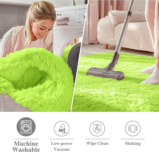 OLANLY Lime Green Round Rugs for Bedroom - Machine Washable, 7 ft Circle Area Rugs for Living Room, Soft and Fluffy Shaggy Carpet for Teen Girl and Boys, Nursery Rooms, Dorms, Home Decor Aesthetic