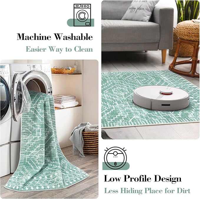 Wonnitar Moroccan Area Rugs 4x6, Sage Green Boho Rug for Bedroom, Washable Ultra-Thin Living Room Throw Mat, Farmhouse Geometric Soft Print Carpet for Nursery Bathroom Kitchen (Mint Green,4'x6')