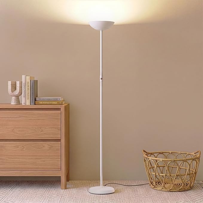 Brightech SkyLite LED Floor lamp, Torchiere Super Bright Floor Lamp for Living Rooms & Offices - 3 Way Dimmable Tall Torch Lamp, High Lumen Standing Pole Lamp for Bedroom Reading - White