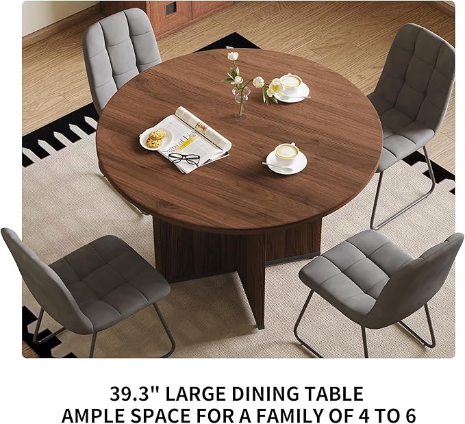 HIPIHOM Modern Round Dining Table Set for 4, 39.4" Walnut Kitchen Table with 4 PU Leather Chairs, 5-Piece Mid-Century Dining Room Set for Small Spaces, Pedestal Base